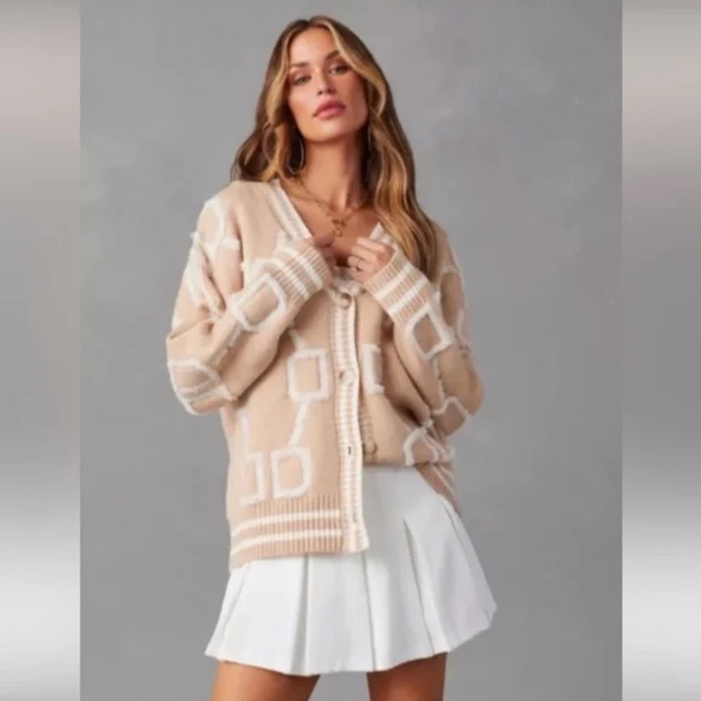 Miracle Beige Cardigan with Geometric Design